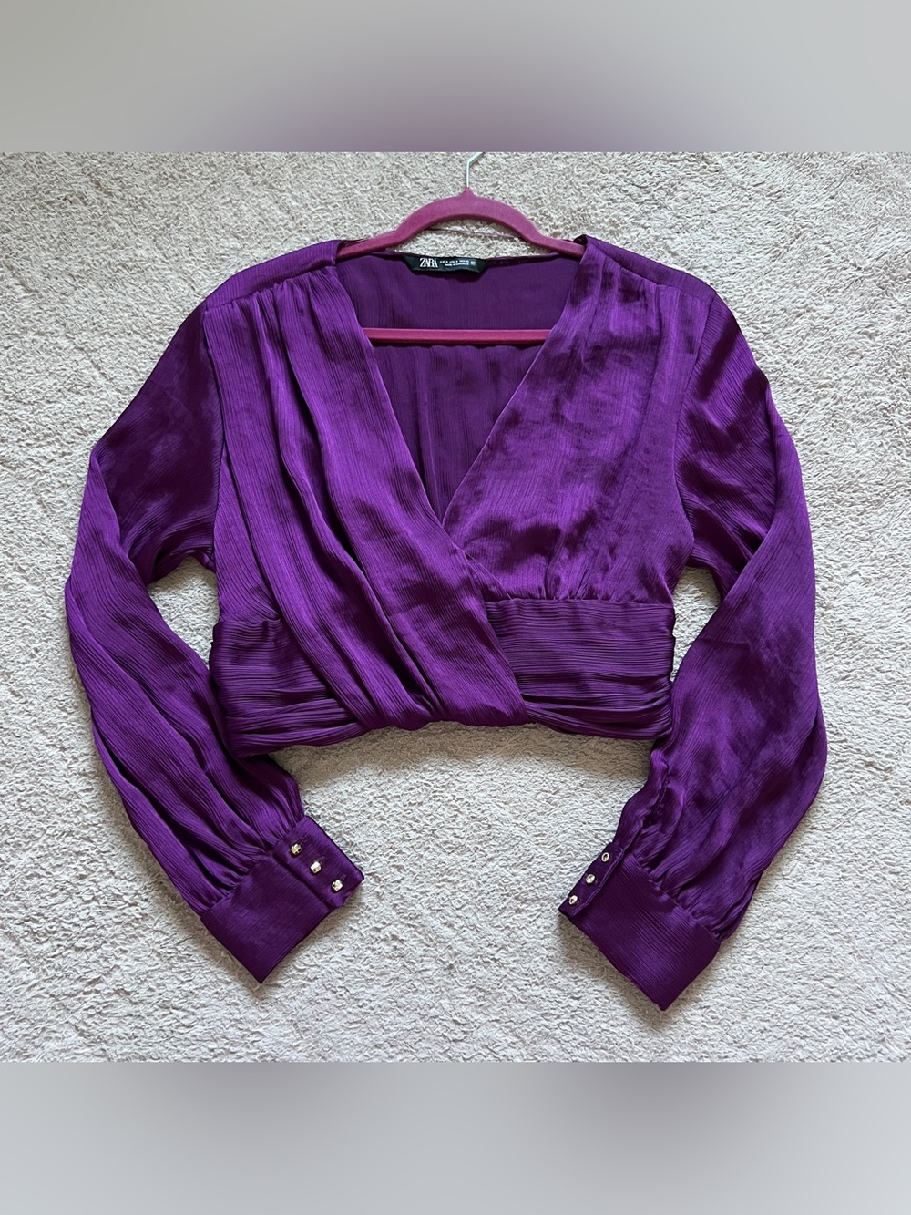 Zara Satin Wrap Crop Top Blouse Preppy Pleated Minimalist Vacation Sz S